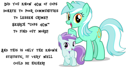 Size: 7478x4002 | Tagged: artist needed, safe, imported from derpibooru, liza doolots, lyra heartstrings, petunia, tootsie flute, pony, unicorn, cops, female, filly, foal, lies, mare, meme, police, simple background, statistics, text, transparent background, trolling