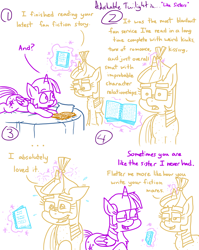 Size: 4779x6013 | Tagged: safe, artist:adorkabletwilightandfriends, imported from derpibooru, moondancer, twilight sparkle, alicorn, pony, unicorn, comic:adorkable twilight and friends, adorkable, adorkable twilight, bed, book, comic, cute, dork, family, fanfic, female, friendship, glowing horn, happy, horn, humor, levitation, lying down, magic, mare, reading, siblings, sisters, telekinesis, twilight sparkle (alicorn)