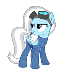 Size: 2652x2962 | Tagged: safe, artist:chomakony, imported from derpibooru, oc, oc only, oc:raysteel, pegasus, pony, belt, catsuit, clothes, female, glasses, head turn, mare, pegasus oc, show accurate, simple background, skunk stripe, smiling, solo, transparent background, turned head, white hair, wings