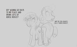Size: 1024x627 | Tagged: safe, artist:cosmonaut, imported from derpibooru, oc, oc only, oc:flying saucer, oc:marina fae, earth pony, unicorn, dialogue, eye contact, female, headband, looking at each other, male, mare, monochrome, stallion, unshorn fetlocks