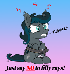 Size: 700x738 | Tagged: safe, artist:flyingsaucer, imported from derpibooru, oc, oc only, oc:flying saucer, bat pony, age regression, angry, bat pony oc, bat wings, collar, female, filly, rule 63, text, transformation, transgender transformation, wings