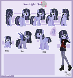 Size: 2595x2770 | Tagged: safe, artist:alphajunko, imported from derpibooru, oc, oc only, oc:moonlight nova, alicorn, bat pony, pony, icey-verse, equestria girls, alicorn oc, bat ponified, belt, boots, butt, chains, choker, clothes, commission, equestria girls-ified, female, filly, glowing horn, grin, high heel boots, horn, jacket, leather jacket, magical lesbian spawn, male, mare, multicolored hair, offspring, parent:mean twilight sparkle, parent:oc:moonshine twinkle, parents:canon x oc, parents:meanshine, peace sign, plot, race swap, reference sheet, rule 63, shirt, shoes, skirt, smiling, solo, stallion, stockings, t-shirt, thigh highs, torn clothes, wings, younger