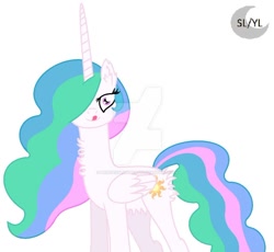 Size: 1024x941 | Tagged: safe, artist:celestiaisbestponyyt, artist:princesslunayay, imported from derpibooru, princess celestia, alicorn, pony, belly fluff, butt fluff, chest fluff, deviantart watermark, ear fluff, female, imminent vore, licking, licking lips, logo, looking at you, mare, missing accessory, multicolored mane, obtrusive watermark, simple background, smiling, smiling at you, solo, tongue out, watermark, white background