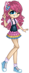 Size: 1280x3154 | Tagged: safe, artist:fantarianna, imported from derpibooru, pinkie pie, human, bracelet, clothes, converse, female, hair ornament, hair ribbon, humanized, jewelry, looking at you, one eye closed, shoes, simple background, skirt, smiling, smiling at you, sneakers, socks, solo, transparent background, victory sign, wink