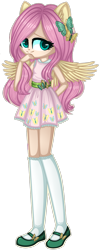 Size: 1280x3189 | Tagged: safe, artist:fantarianna, imported from derpibooru, fluttershy, human, clothes, dress, eared humanization, female, hair ornament, humanized, kneesocks, looking at you, mary janes, pink dress, plaid skirt, shoes, simple background, skirt, socks, solo, standing, transparent background, winged humanization, wings