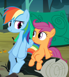 Size: 658x732 | Tagged: safe, imported from derpibooru, screencap, rainbow dash, scootaloo, sleepless in ponyville, cropped, duo, female, log, looking at each other, sitting, smiling