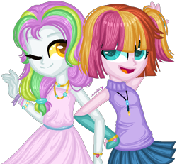 Size: 864x798 | Tagged: safe, artist:fantarianna, imported from derpibooru, coconut cream, toola roola, equestria girls, arm warmers, clothes, dress, equestria girls-ified, female, hand on hip, looking at you, one eye closed, simple background, skirt, sleeveless turtleneck, transparent background, wink