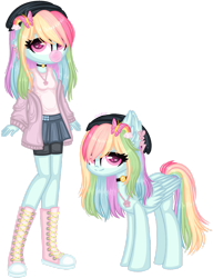 Size: 1280x1664 | Tagged: safe, artist:fantarianna, imported from derpibooru, fluttershy, rainbow dash, human, pegasus, pony, equestria girls, blowing bubblegum, boots, bubblegum, choker, clothes, converse, female, flutterdash, food, fusion, gum, hat, human and pony, jewelry, lesbian, self ponidox, shipping, shoes, simple background, skirt, transparent background