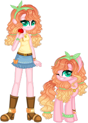 Size: 1280x1773 | Tagged: safe, artist:fantarianna, imported from derpibooru, applejack, pinkie pie, oc, oc:apple pie, earth pony, human, pony, equestria girls, boots, candied apple, candy, clothes, curly hair, denim skirt, female, food, fusion, gradient hair, gradient mane, gradient tail, headband, human and pony, jewelry, looking at you, necklace, one eye closed, pigtails, self ponidox, shoes, simple background, skirt, transparent background, twintails, two toned hair, two toned mane, wink