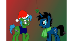 Size: 1920x1080 | Tagged: safe, artist:flyingcentar3, imported from derpibooru, oc, oc only, pony, unicorn, broken horn, christmas, clothes, glasses, hat, holiday, horn, male, mistleholly, mistletoe, oc x oc, santa hat, scarf, shipping, shirt, stallion