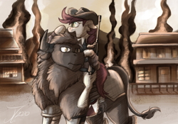 Size: 1996x1396 | Tagged: safe, artist:jamescorck, imported from derpibooru, oc, oc only, oc:appleale, oc:flashflood, buffalo, earth pony, appleloosa, buffalo oc, cavalry, earth pony oc, female, gun, male, mare, monochrome, photo, smoke, tommy gun