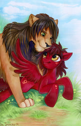 Size: 565x872 | Tagged: safe, artist:imanika, imported from derpibooru, oc, oc only, big cat, lion, pegasus, pony, commission, cutie mark, female, furry, mare, traditional art, wings