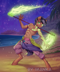 Size: 717x861 | Tagged: safe, alternate version, artist:imanika, imported from derpibooru, oc, oc only, anthro, earth pony, unguligrade anthro, beach, clothes, commission, digital art, fire, glow, glowing, looking at you, magic, male, ocean, pants, partial nudity, solo, topless, tree, ych result