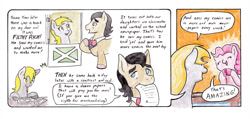 Size: 990x473 | Tagged: safe, artist:lost marbles, imported from derpibooru, derpy hooves, filthy rich, pinkie pie, earth pony, pegasus, pony, comic:derpy - stripper extraordinaire, colored pencil drawing, colored pencils, comic, comic strip, dialogue, hooves together, mouth hold, mouth writing, pencil, traditional art