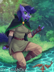 Size: 665x885 | Tagged: safe, artist:imanika, imported from derpibooru, oc, oc only, oc:deep delver, anthro, fish, unicorn, boots, breasts, clothes, commission, digital art, feeding, female, glasses, gloves, grass, hat, horn, river, shoes, solo, tail, water, ych result