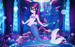 Size: 3776x2370 | Tagged: safe, artist:invisibleink, imported from derpibooru, sci-twi, twilight sparkle, mermaid, equestria girls, bubble, female, glasses, mermaid sci-twi, mermaid tail, mermaidized, seaquestria, seashell bra, shell bra, smiling, solo, species swap, tail, throne, underwater