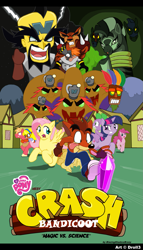 Size: 1007x1756 | Tagged: safe, artist:droll3, imported from derpibooru, big macintosh, fluttershy, pinkie pie, spike, twilight sparkle, zecora, bandicoot, dragon, earth pony, human, hydra, pegasus, pony, unicorn, aku aku, coco bandicoot, crash bandicoot, crash bandicoot (series), crossover, crystal, cutie mark, digital art, doctor neo cortex, dr. n. gin, dr. neo cortex, multiple heads, n.gin, ponyville, tiny tiger, uka uka