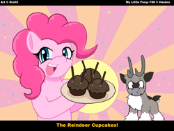 Size: 1267x951 | Tagged: safe, artist:droll3, imported from derpibooru, pinkie pie, oc, oc:droll, earth pony, pony, cupcake, digital art, everything went better than expected, food, reindeer pony, text