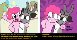 Size: 1268x662 | Tagged: safe, artist:droll3, imported from derpibooru, pinkie pie, oc, oc:droll, deer, earth pony, pony, bloodshot eyes, comic, creepy, cupcake, digital art, drool, food, hilarious in hindsight, implied cupcakes, oh dear, reindeer pony, smiling, stare, text