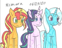 Size: 1053x811 | Tagged: safe, artist:cmara, imported from derpibooru, starlight glimmer, sunset shimmer, trixie, pony, unicorn, cute, diatrixes, female, glimmerbetes, magical trio, mare, shimmerbetes, traditional art
