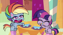 Size: 1920x1080 | Tagged: safe, imported from derpibooru, screencap, rainbow dash, twilight sparkle, alicorn, pegasus, pony, my little pony: pony life, the fast and the furriest, spoiler:pony life s01e11, cupcake, eating, female, food, g4.5, mare, sitting, twilight sparkle (alicorn)