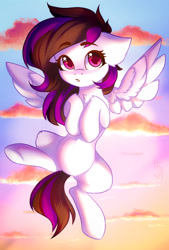 Size: 1347x1990 | Tagged: safe, artist:falafeljake, imported from derpibooru, oc, oc only, pegasus, pony, backlighting, cloud, cute, flying, looking at you, ocbetes, solo