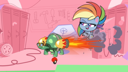 Size: 1920x1080 | Tagged: safe, imported from derpibooru, screencap, rainbow dash, tank, pegasus, pony, tortoise, my little pony: pony life, the fast and the furriest, spoiler:pony life s01e11, crossed hooves, g4.5, goggles, rocket