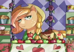 Size: 1023x724 | Tagged: safe, artist:araiiara123, imported from derpibooru, applejack, earth pony, pony, the best night ever, female, food, mare, pie, scene interpretation, solo