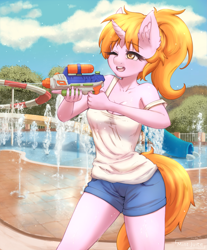 Size: 2939x3543 | Tagged: safe, artist:mintjuice, imported from derpibooru, oc, oc only, oc:maya northwind, anthro, unicorn, anthro oc, commission, female, fight, looking at each other, mare, smiling, solo, water park, watergun