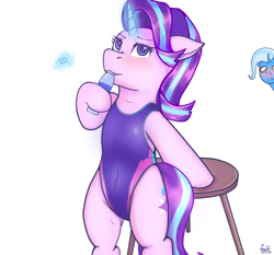 Size: 3128x2914 | Tagged: safe, artist:legionsunite, imported from derpibooru, starlight glimmer, trixie, pony, semi-anthro, unicorn, adorasexy, bipedal, blood, blushing, clothes, cute, drinking, female, implied lesbian, implied shipping, implied startrix, mare, nosebleed, one-piece swimsuit, sexy, simple background, swimsuit, water bottle, white background