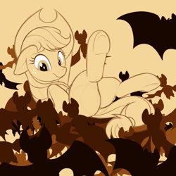 Size: 1280x1280 | Tagged: safe, artist:suspega, imported from derpibooru, applejack, bat, earth pony, pony, applejack's hat, carrying, cowboy hat, female, flock, floppy ears, flying, hat, legs in air, monochrome, nervous, on back, solo, stetson, surprised, tan background, underhoof