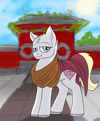 Size: 2359x2868 | Tagged: safe, artist:mcsplosion, imported from derpibooru, oc, oc:aryanne, earth pony, pony, backstory in description, bald, buddhism, burn marks, female, hindu swastika, monk, not nazi, nun, reformed, shaolin, shaved mane, sketched background, solo, swastika, temple