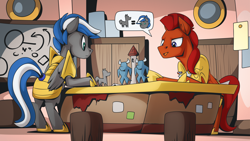 Size: 2560x1440 | Tagged: safe, artist:mysticalpha, imported from derpibooru, oc, oc only, oc:captain sunride, oc:cloud zapper, pegasus, pony, armor, indoors, male, pegasus oc, rebus, royal guard, royal guard armor, stallion, strategy room, war room, wings