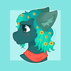 Size: 1900x1900 | Tagged: safe, artist:nekoshanka, imported from derpibooru, oc, oc only, oc:sandflower, pony, badge, bust, clothes, curly hair, cute, flower, flower in hair, green, head, portrait, scarf, side view, solo, sunflower