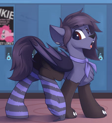 Size: 1500x1650 | Tagged: safe, artist:shadowreindeer, imported from derpibooru, oc, oc only, oc:nyn indigo, clothes, commission, lockers, poster, socks, solo, striped socks, your character here