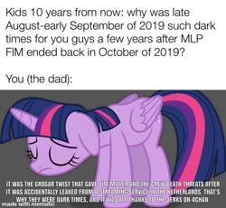 Size: 1200x1105 | Tagged: safe, edit, edited screencap, imported from derpibooru, screencap, twilight sparkle, alicorn, pony, 4chan, argument in the comments, drama, female, gray background, mematic, mematic.net, meta, sad, simple background, solo, text, twilight sparkle (alicorn)