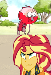 Size: 979x1450 | Tagged: safe, edit, edited screencap, imported from derpibooru, screencap, sunset shimmer, equestria girls, equestria girls series, forgotten friendship, angry, benson, gumball machine, meme, red face, regular show, shrunken pupils, sunset shimmer hates meme, template, wrong aspect ratio