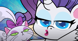 Size: 1595x845 | Tagged: safe, imported from derpibooru, screencap, opalescence, rarity, cat, pony, unicorn, my little pony: pony life, the fast and the furriest, spoiler:pony life s01e11, female, g4.5, lipstick, mare, pink lipstick, pose, rarity being rarity, selfie