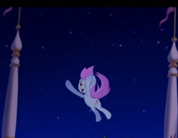 Size: 668x518 | Tagged: safe, imported from derpibooru, screencap, button bounce, earth pony, pony, my little pony: the movie, airborne, background pony, canterlot, cropped, female, happy, mare, night, offscreen character, surprised, unnamed character, unnamed pony