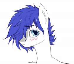 Size: 1948x1708 | Tagged: safe, artist:armi4an, imported from derpibooru, oc, oc only, oc:isaac pony, earth pony, pony, blue eyes, blue mane, blushing, cute, ear fluff, eyebrows, eyebrows visible through hair, light skin, looking at you, male, shy, signature, simple background, solo, stallion, white background, white skin