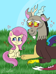 Size: 768x1024 | Tagged: safe, artist:delfinaluther, imported from derpibooru, discord, fluttershy, draconequus, pegasus, pony, my little pony: pony life, blushing, cute, discoshy, discute, female, g4.5, heart, hilarious in hindsight, male, mare, shipping, shyabetes, straight