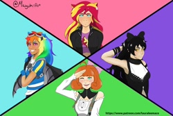 Size: 1280x854 | Tagged: safe, artist:mayukitty, imported from derpibooru, rainbow dash, sunset shimmer, human, fanfic:sapr, equestria girls, arm ribbon, belly shirt, black hair, blake belladonna, blouse, blue background, blue eyes, bow, clothes, collar, colored, cowlick, crossover, cutie mark, cutie mark on clothes, dark skin, eared humanization, fanfic art, faunus, freckles, gloves, goggles, green background, green eyes, grin, hair bow, human coloration, humanized, jacket, leather jacket, long hair, penny polendina, pink background, purple background, red hair, rwby, salute, short hair, simple background, smiling, suspenders, sweatshirt, winged backpack, yellow eyes