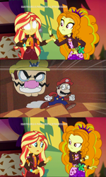 Size: 1920x3202 | Tagged: safe, edit, edited screencap, imported from derpibooru, screencap, adagio dazzle, sunset shimmer, equestria girls, equestria girls series, sunset's backstage pass!, spoiler:eqg series (season 2), blank eyes, discovery kids, every copy of super mario 64 is personalized, geode of empathy, magical geodes, mario, running, sunset sees things, super mario 64, super mario bros., the wario apparition, wario, white eyes