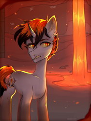 Size: 3000x4000 | Tagged: safe, artist:biskvit, imported from derpibooru, oc, oc only, pony, unicorn, commission, eye, eyes, lava, looking at you, male, minecraft, nether (minecraft), solo, stallion, ych result, your character here