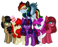 Size: 1280x1040 | Tagged: safe, artist:fantarianna, imported from derpibooru, applejack, fluttershy, pinkie pie, rainbow dash, rarity, twilight sparkle, alicorn, earth pony, pegasus, pony, unicorn, elements of insanity, alternate mane six, alternate universe, applepills, brutalight sparcake, demented six, fluttershout, general hat, hat, pinkamena diane pie, pinkis cupcake, pony monster, purple hat, rainbine, rainbine ears, rarifruit, simple background, transparent background, twilight sparkle (alicorn)