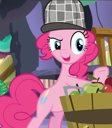 Size: 819x939 | Tagged: safe, imported from derpibooru, screencap, pinkie pie, earth pony, pony, secrets and pies, apple, bipedal, cropped, deerstalker, detective, female, food, hat, mare, open mouth, raised eyebrow, raised hoof, sherlock holmes, sherlock pie, smiling, solo