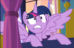 Size: 1329x872 | Tagged: safe, imported from derpibooru, screencap, twilight sparkle, alicorn, pony, a health of information, bed, cropped, faic, female, shocked, shrunken pupils, solo, spread wings, twilight sparkle (alicorn), wings