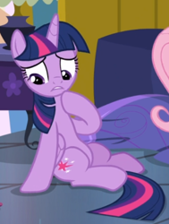 Size: 426x564 | Tagged: safe, imported from derpibooru, screencap, twilight sparkle, alicorn, pony, a health of information, cropped, female, sitting, solo, thinking, twilight sparkle (alicorn)