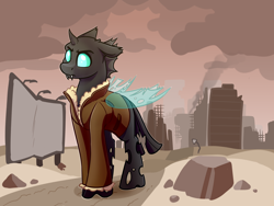 Size: 4000x3000 | Tagged: safe, artist:witchtaunter, imported from derpibooru, oc, oc only, oc:tinkerbelt, changeling, fallout equestria, bygone civilization, changeling oc, cheeselegs, clothes, cloud, coat, fangs, horn, quadrupedal, ruins, smoke, solo, tail, wasteland, wings