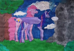 Size: 1080x757 | Tagged: safe, alternate version, artist:starly_but, imported from derpibooru, pinkie pie, twilight sparkle, alicorn, earth pony, pony, bush, cave, cloud, colored, dialogue, female, grin, lineart, mare, outdoors, raised hoof, smiling, traditional art, tree, twilight sparkle (alicorn), worried